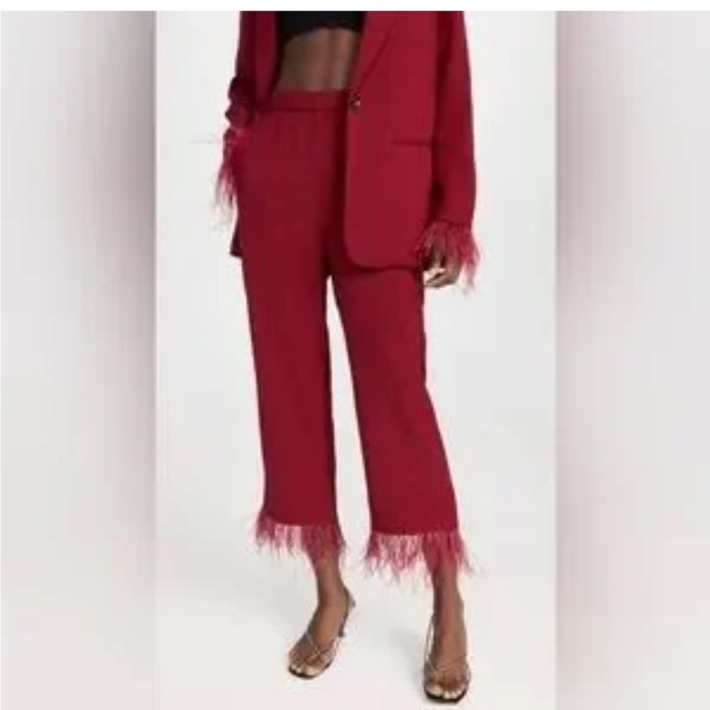 WAYF Wilson Feather Trim Trousers Berry Red Wide Leg Pants Small NWT